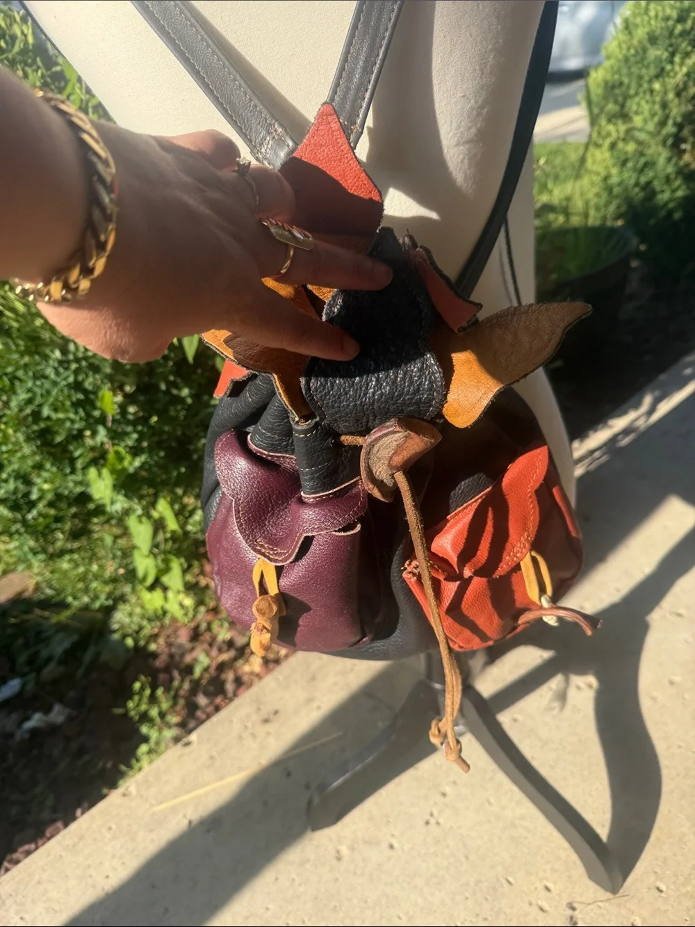 Unique ❤️‍🔥leather Handmade 🧡🖤Multi-Color Leather Drawstring Bucket Bag 💜🖤